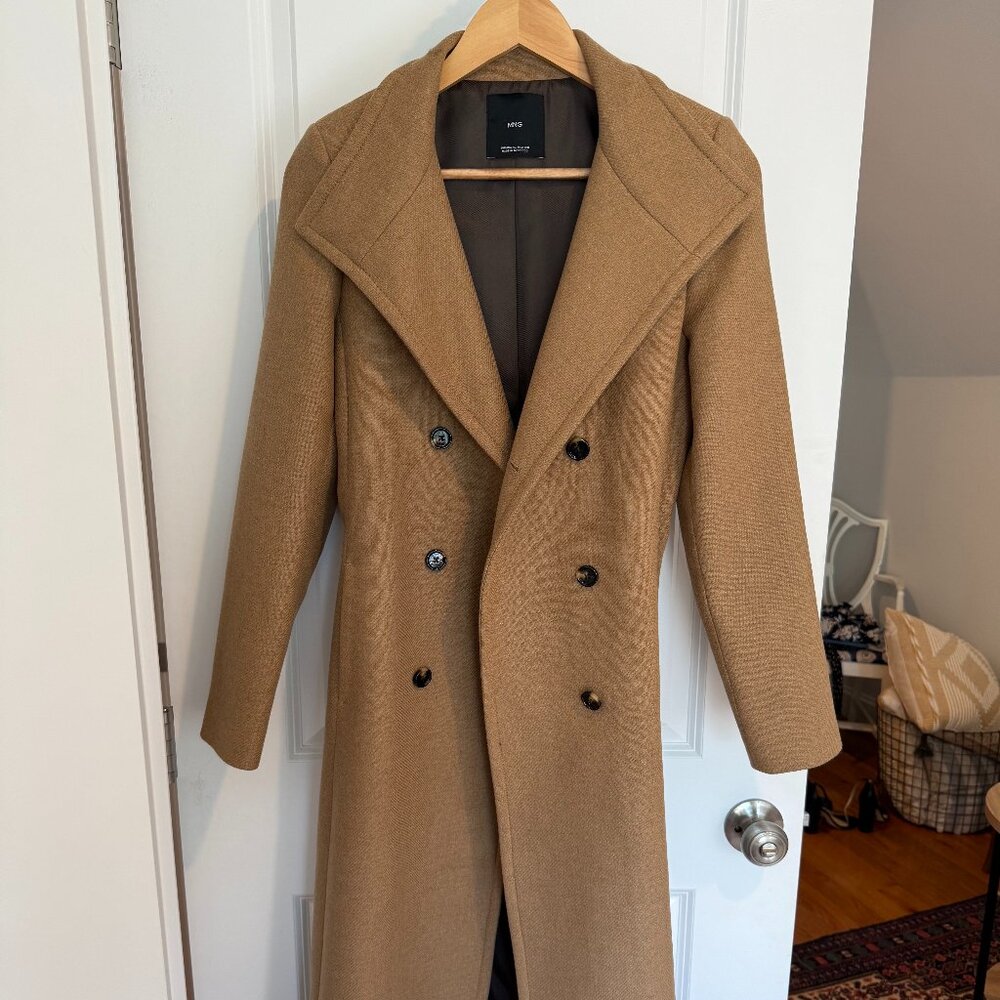Mango Italian Wool Coat With Tie Waist Camel Tan Size XS